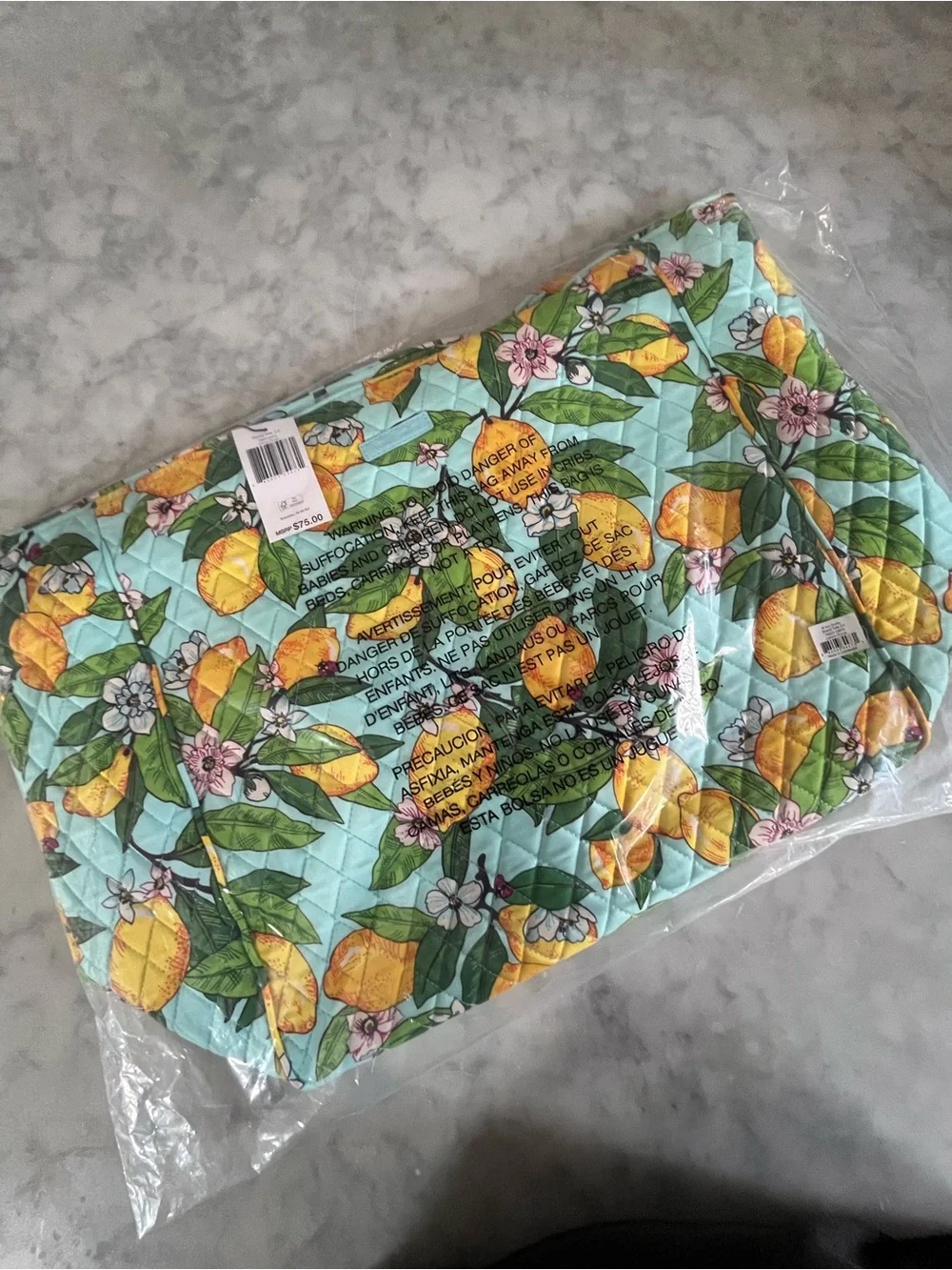 Vera Bradley Aqua Lemon Floral Quilted Tote